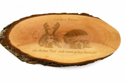 Brotzeitbrett oder Wandschmuck: Rindenscheibe roh, 32-40 cm mit Gravur Ihres Fotos und Wunschtext