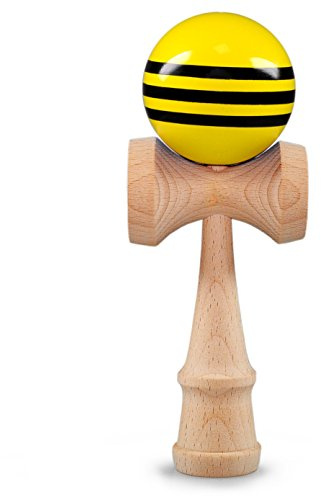 Ganzoo Kendama aus Buchenholz, Japanisches Trickspiel mit Holzball, Loch und Nylonschnur, 3 Fangschalen am Handstück, gut ausbalanciert, Daten: Höhe 16 cm, Kugel Ø 6 cm, 144 g, gelb schwarz Holz