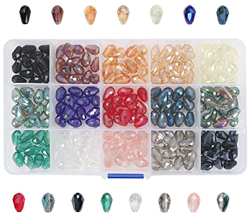 Kurtzy Dekosteine Glas Schmuck Perlen Set (225er Pack) 12 x 7,7mm - 15 Farben - Lose Teardrop Glas Perlen für DIY Kunst - Kleine Facettierte Glasperlen Set mit Kunststoff-Aufbewahrungsbox