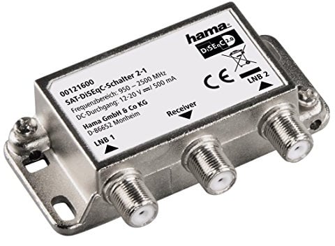 Hama SAT-DiSEqC-Schalter 2-1 (zum Anschluss von 2 Single LNBs an einen Receiver, um 2 Satellitenpositionen zu nutzen, wetterfest, Vollmetallgehäuse, 22 kHz Durchgang für Außen)