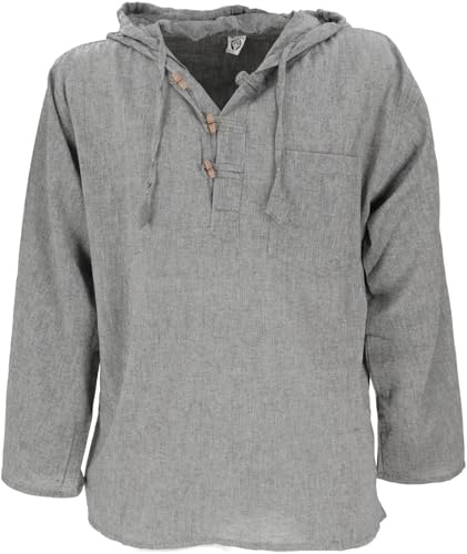 GURU SHOP Nepal Hemd, Goa Hippie Sweatshirt, Yogashirt, Schlupfhemd mit Kapuze - Grau, Herren, Size:M