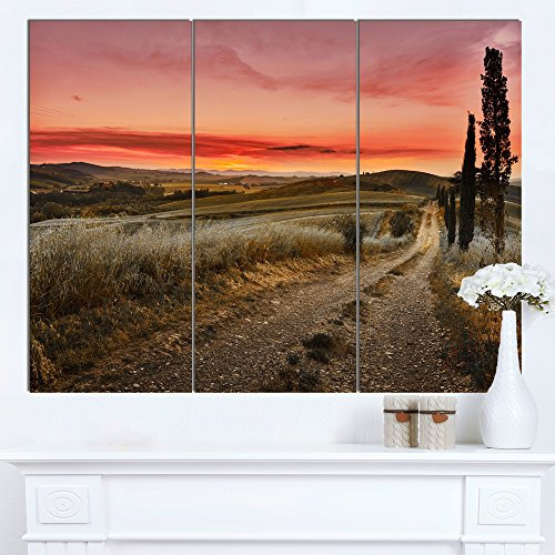 Design Art Zypressen auf Straße, toskanische Landschaft Kunstdruck auf Leinwand, Canvas, 36x28-3 Panels