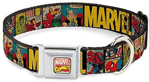 Buckle-Down Seatbelt Buckle Dog Collar - MARVEL/Retro Comic Panels Black/Yellow - 1 Wide - Fits 11-17 Neck - Medium