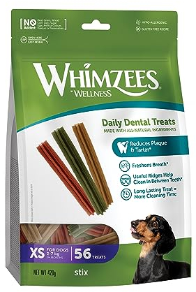 WHIMZEES By Wellness Stix, Kaustangen für sehr kleine Hunde, Hundesnack zur Zahnpflege, Größe XS, 56 Stück, ohne Zuckerzusatz, getreidefrei, natürlich, fettarm