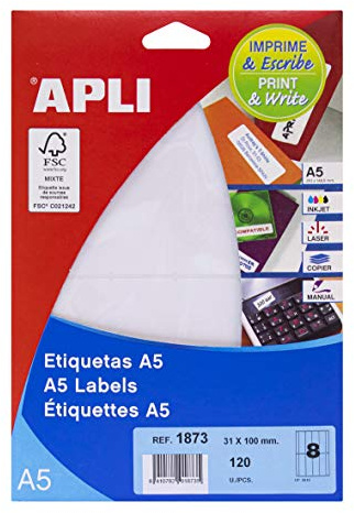 Apli Lables A5 Print & Write 31 x 100 mm weiß 136pieza (S) – Selbstklebende Etikette (weiß, A5, 100 mm, 31 mm, 190 x 125 x 6 mm, 136 Stück (S))