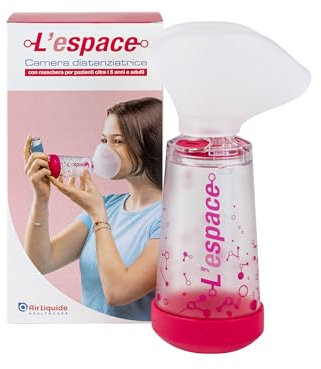 Air Liquide Healthcare, L'ESPACE, Camera Distanziatrice con Maschera per Pazienti non Cooperanti (> 6 Anni), Distanziatore per Inalatori, Adatto al Trattamento dell'Asma, Compatibilità Universale