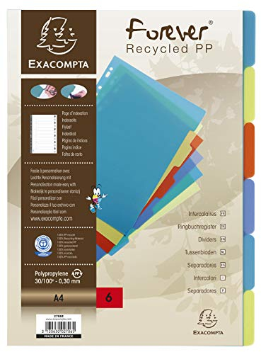 Exacompta 2706E Premium-Register Forever für DIN A4 aus recyceltem Kunststoff 6-teilig volle Höhe 21 x 29,7 cm vollfarbig 6 Farben mit Indexseite zum selbstgestalten Blauer Engel Trennblätter