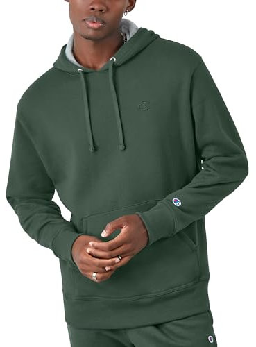 Champion Men's Sweatshirt, Powerblend Hoodie, Iconic, Dark Green C Logo, S