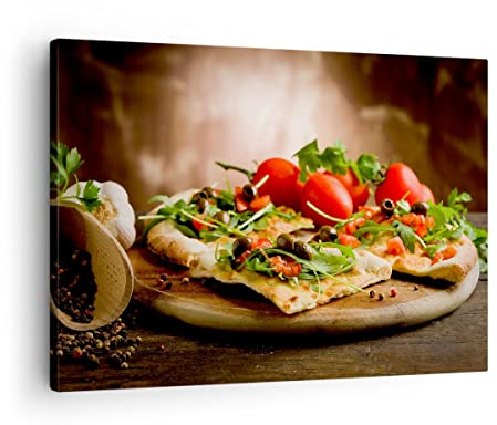 Bilder auf Leinwand Pizza Vegetarier Italien Essen Leinwandbild 70x50cm Wandbilder Dekoration Wohnzimmer Schlafzimmer Küche Deko Klein Wanddeko Bild Wand Kunstdruck Art Wall Decor Canvas AA70x50-2540