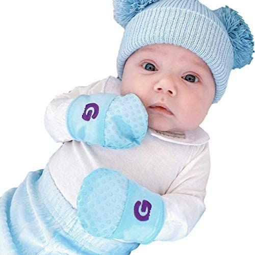 Gummee Baby Handschuhe für Neugeborene – Kratzfäustlinge Baby Neugeborene – Verstellbare Beißhandschuh Baumwolle – Neugeborenen Set 0-3 Monate (Blau)
