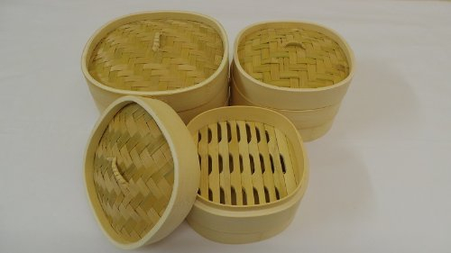 6 Superior Quality Square Rounded Bamboo Steamer 2 Layers with 1 Lid with 25 Free Dim Sum Papers