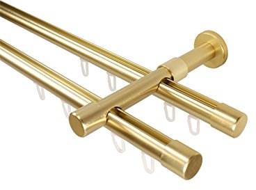 iso-design Innenlauf Gardinenstangen 2-läufig Farbe Messing matt, 20 mm Durchmesser, Wandmontage, Gardinenstangenkomplettset aus Metall mit Wandhaltern und Endstücken Kappe, 240 cm (2 x 120 cm)