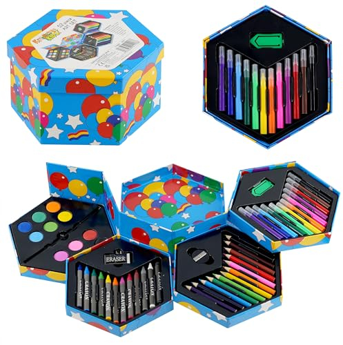 MTS Childrens 52 Pcs Craft Art Artists Set Hexagonal Box Crayons Paints Pens Pencils