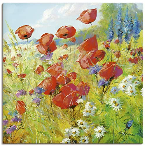 ARTLAND Wanddeko Leinwand Bilder Wandbild 70 x 70 cm Botanik Blumenwiese Mohnblume Malerei Bunt A1QQ Sommerwiese mit Mohnblumen