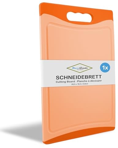 MaxxGoods Schneidebrett Kunststoff mit Saftrille & Griff - Antibakteriell - Hackbrett, Kunststoffbrett beidseitig verwendbar, Spülmaschinenfest - Orange, 28x19,5x0,8cm