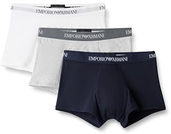 Emporio Armani Men's Genuine Cotton Trunks, 3-Pack Underwear, Black/White/Grey, Small