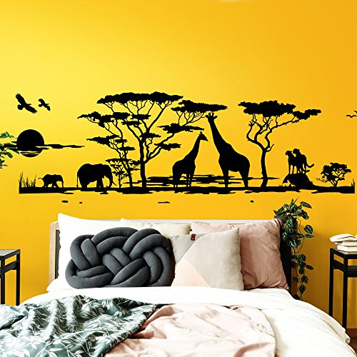 Grandora Wandtattoo Afrika Savanne Tiere I braun (BxH) 190 x 58 cm I Elefant Giraffe Wohnzimmer Schlafzimmer Sticker Aufkleber Wandaufkleber Wandsticker W683