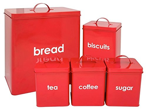 Denny International® 5 Piece Kitchen Storage Includes Bread Bin Biscuit Tea Coffee Sugar Caddy Tins Containers Canister Storage Jars Pots Set (Red)