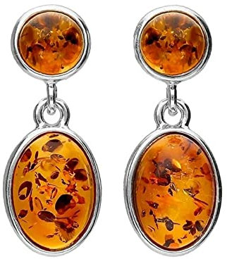 Circle & Oval Cabochon Cut Baltic Honey Amber Sterling Silver Earrings for Women/Girls - Elegant Dangly/Dangle Drop Stud Earrings - Amber Jewellery. 080345C