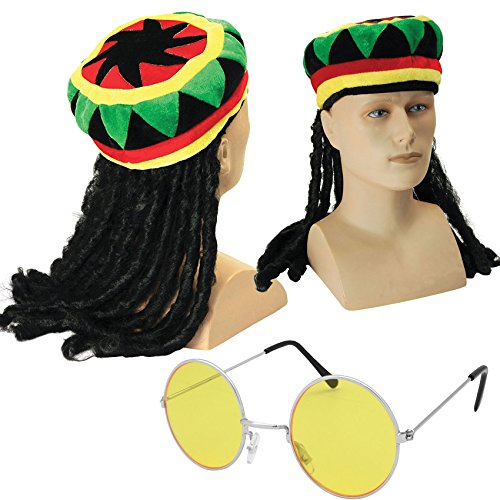 Jamaikanischer Hut mit Rasta-Dreadlocks + Runde gefärbte Brillen