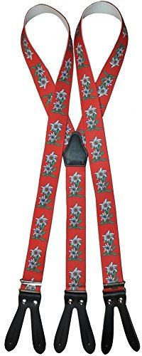 Trachten Hosenträger mit Edelweiss für Knöpfe Rot, Grün, Blau, Schwarz -105 (Rot)