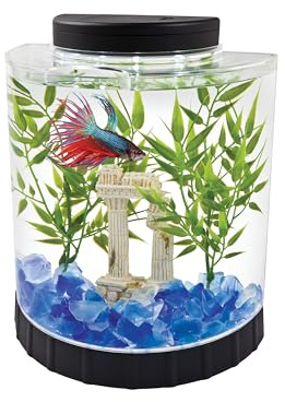 Tetra LED Half Moon Aquarium Kit, 1.1 Gallons, Small, Clear Plastic Fish Tank With Curved Front, Easy Feeding And Movable, Energy-Efficient LEDs Ideal For Bettas Great As Desk Aquarium