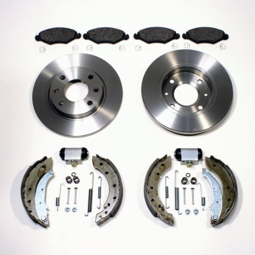 Bremsscheiben massiv unbelüftet + Bremsbeläge vorne + Bremsbacken Kit für hinten