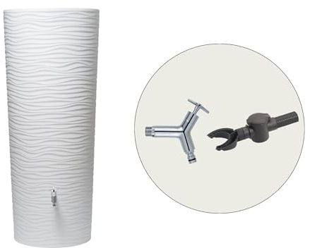 GARANTIA Natura 2in1 Regentonne Komplett-Set 350 Liter Arctic inkl. Design Chrom-Auslaufhahn und Fallrohranschluss - Wassertank, Regenfass, Regenwassertonne, Regenwassertank, Wasserfass
