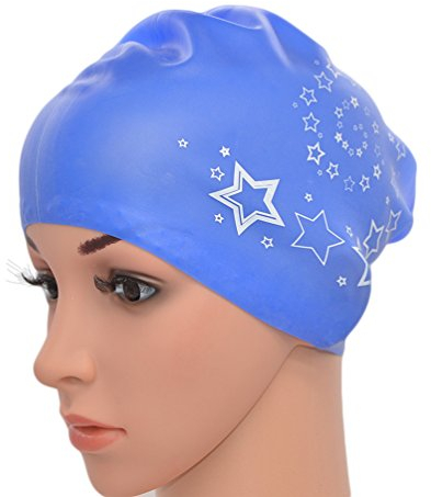 Medifier Bonnet élastique en silicone pour femme - Pour la piscine et la natation - Pour cheveux longs - Imprimé étoiles - Bleu