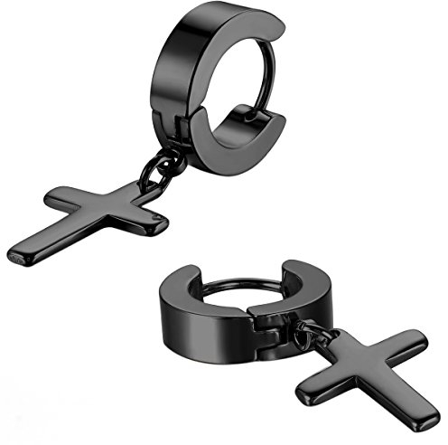 JewelryWe Schmuck Herren Damen Ohrringe, Kreuz Creolen Ohrstecker, Edelstahl, Schwarz