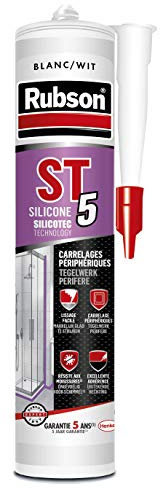 RUBSON ST5 , Mastic sanitaire spécial carrelages périphériques, Joint silicone à base aqueuse sans odeur, anti-moisissures, Coloris blanc , cartouche 300ml
