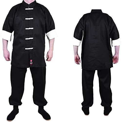 MAR INTERNATIONAL Black Kung Fu Uniform Unisex Martial Arts Suit for Adults & Kids Wing Chun Tai Chi Shaolin Design with White Cuffs 8oz Mediumnstructors, 8oz Medium-Weight Fabric (4/170)