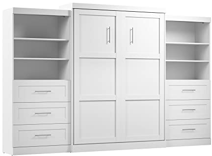 Bestar Pur Queen Murphy Bed with 2 Shelving Units, 136-inch Space-Saving Sleeping Arrangement with Storage