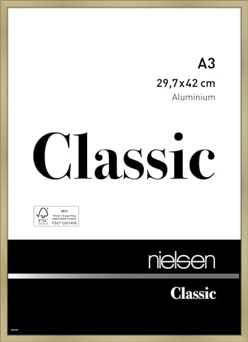 nielsen Bilderrahmen, 29,7 x 42 cm (A3), Aluminium, Gold matt, Posterrahmen zum Aufhängen im Hoch- & Querformat, Echtglas, Classic