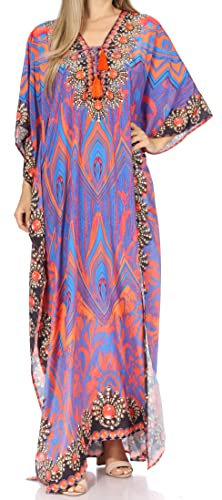 Sakkas SS1652 KF5021A - LongKaftan Georgettina Ligthweight Vestito Stampato Caftano Lungo/Cover Up - Viola Arancione -OS