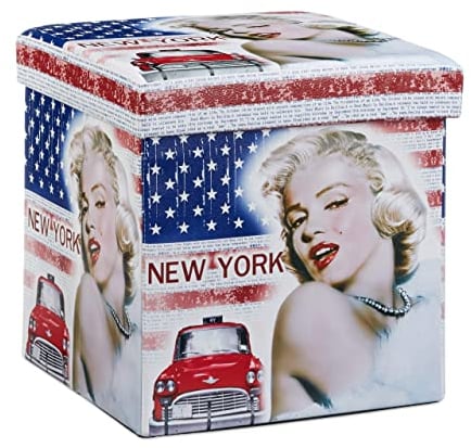 Relaxdays Faltbarer Sitzhocker Marilyn Monroe 38 cm stabiler Falthocker mit trendigen Motiven als praktische Ablage als Sitzwürfel mit bedrucktem Kunstleder als Aufbewahrungsbox mit Stauraum, New York