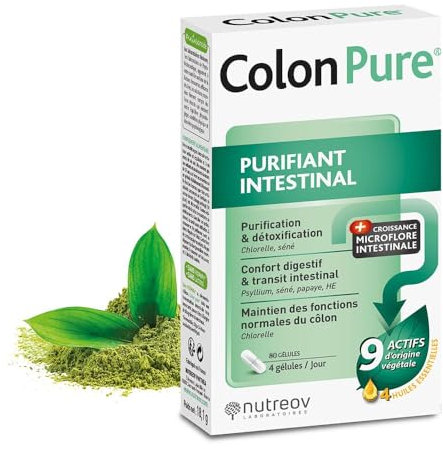 NUTREOV - COLON PURE - Purifiant Intestinal, Transit, Anti-Ballonnements - A Base d’Actifs d’Origine Naturelle, Sans Gluten ni Lactose - 80 Gélules
