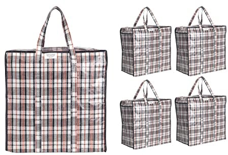 Josephine Osthoff Unisex-Aufbewahrungstaschen, robust und wasserdicht, mit Reißverschluss. 75 Liter Fassungsvermögen, belastbar bis 20 kg. Ideal für Umzug und Einkauf. Schwarz/Weiß, 5er-Pack.