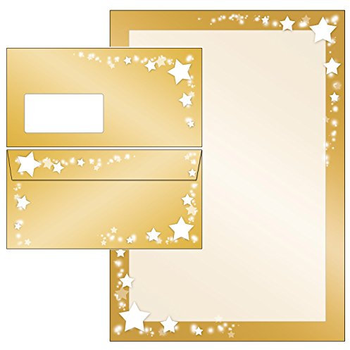 Sterne auf Goldrahmen Set 50-teilig 25 Blatt Briefpapier + 25 Stück Briefumschläge DIN lang mit Fenster 51165+61165F