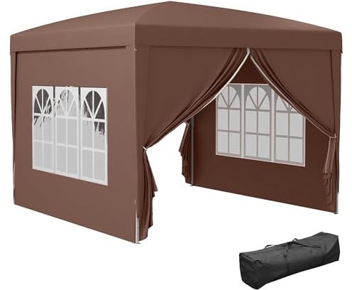 Outsunny 3 x 3 m Garden Pop Up Gazebo, Wedding Party Tent Marquee, Water Resistant Awning Canopy with Sidewalls, Windows, Carry Bag, Coffee