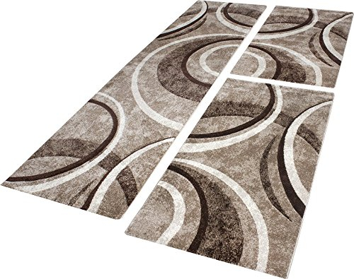 Bettumrandung Teppich Konturenschnitt Wellen Braun Beige Creme Läuferset 3 Tlg., Grösse:2mal 80x150 1mal 80x300