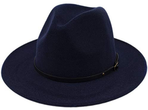 Lanzom Damen klassische wide brim floppy panamahut gürtelschnalle wolle-fedora-hut einheitsgröße Marine blau