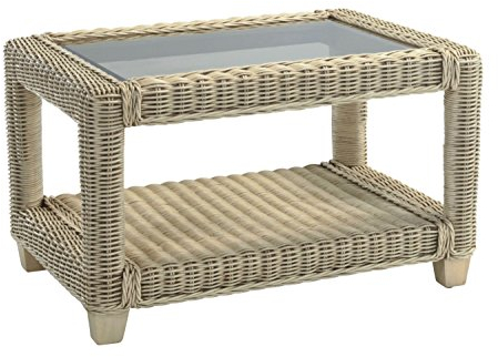 Desser Burford Coffee Table with Storage Shelf – Glass Top Table with Natural Wicker Cane Frame – Luxury Indoor Conservatory or Living Room Furniture - H47cm x W75cm x D60cm