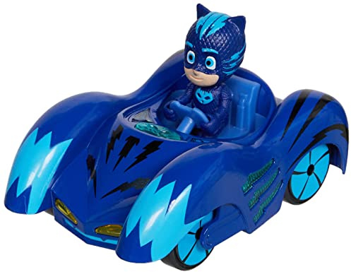 Dickie Toys 203142000 PJ Masks Mission Racer Cat Car, Die Cast Fahrzeug mit Freilauf, Licht & Sound, spielt Titelmelodie aus der Serie, inkl. Catboy Figur, 12 cm, blau, inkl. Batterien