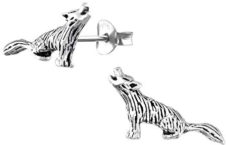 Monkimau Mädchen Ohrringe Wolf Ohrstecker aus 925 Sterling Silver echt Silber mit Struktur oxidiert
