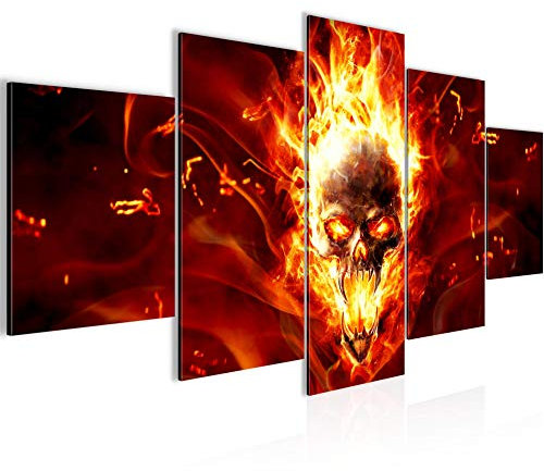 Runa Art Bild Wohnzimmer Totenkopf Feuer 5 Teilig Flamme Rot Schwarz Wandbilder auf Vlies Leinwand 402353a
