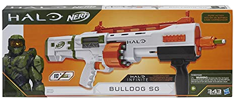 Nerf Halo Bulldog SG Dart Blaster – Pump-Action, rotierende 10-Dart Trommel, Tactical Rail Steckschienen, 10 Nerf Elite Darts, Skin-Code