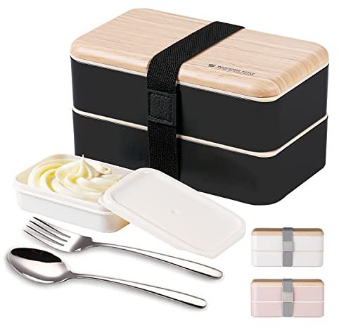 Binoster Boîte bento Repas Boîte à Lunch Boîte à Déjeuner gouter Bundle Divider Style Japonais Lunch Box avec Une cuillère et Une Fourchette en Acier Inoxydable (noire)