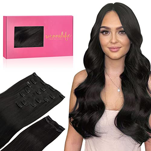 WENNALIFE Extensiones de Clip de Pelo Natural, Negro Natural 150g 55cm 9 Piezas Extensiones Pelo Natural Remy Cabello Humano Extensiones Pelo Natural Clip Double Weft Extensiones de Clip