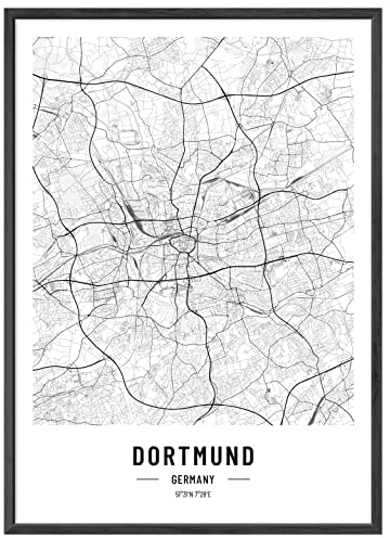 JUNOMI® Dortmund Poster DIN A2 mit Rahmen Schwarz, DIN A2 Wohnzimmer Deko, Modernes Wandbild, Dortmund Bild, Wandbild mit Rahmen, Stadtplan Poster Dortmund, perfekte Geschenkidee für Dortmunder